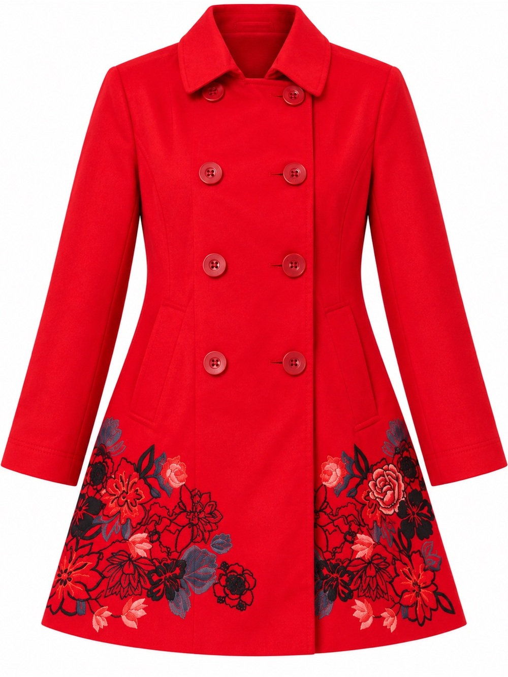 Desigual Red Floral Embroidered Double-Breasted Trench Coat